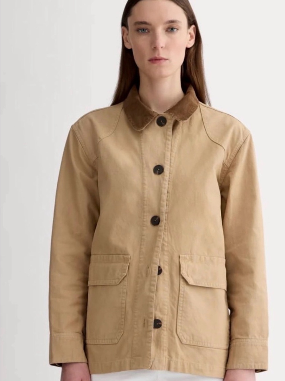 NWT Everlane Canvas “The Barn Jacket” in color Cornstalk with Corduroy Collar.